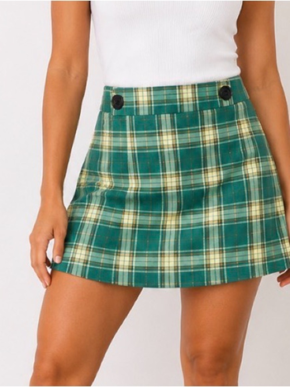 TOP SHOP Wrap Green Plaid A-Line Mini Skirt with Button Detail St. Patty day SM